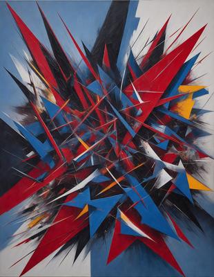 The primary subject of the image is a large, colorful, and abstract painting. The painting features a mix of red, blue, yellow, and white colors, creating a vibrant and dynamic visual experience. The setting is a wall, and the visual style appears to be a combination of digital art and illustration. The painting's colors and mood evoke a sense of energy and creativity, making it an engaging and captivating piece of art.